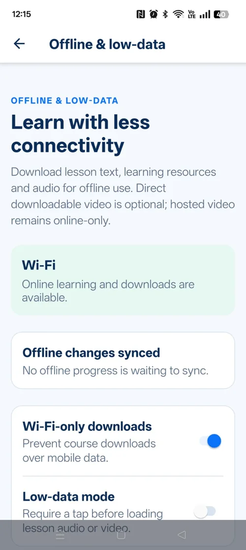 Actual xtraLesson Mobile offline and low-data settings screen