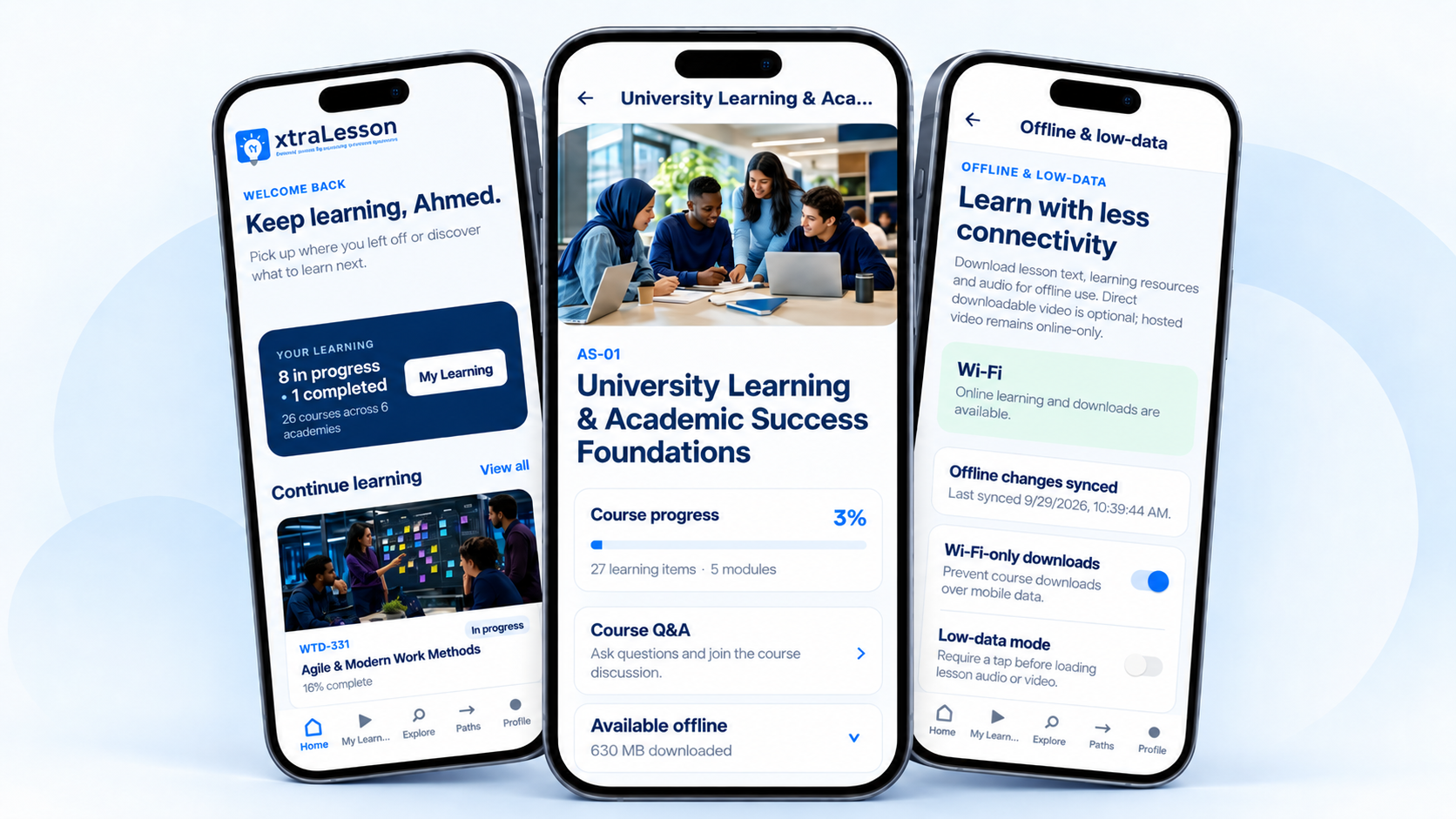xtraLesson Mobile app screens for My Learning, a course and offline learning controls