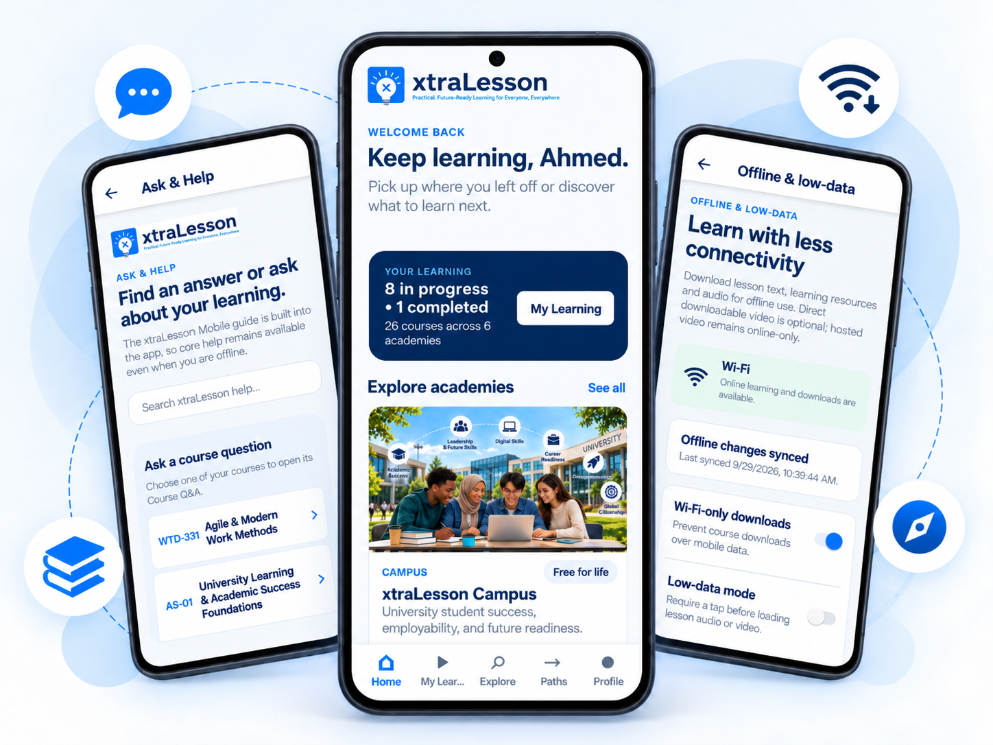 xtraLesson Mobile showing learning, help and offline controls